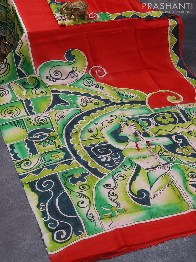 Printed silk saree red and green shade with plain body and hand painted border - {{ collection.title }} by Prashanti Sarees