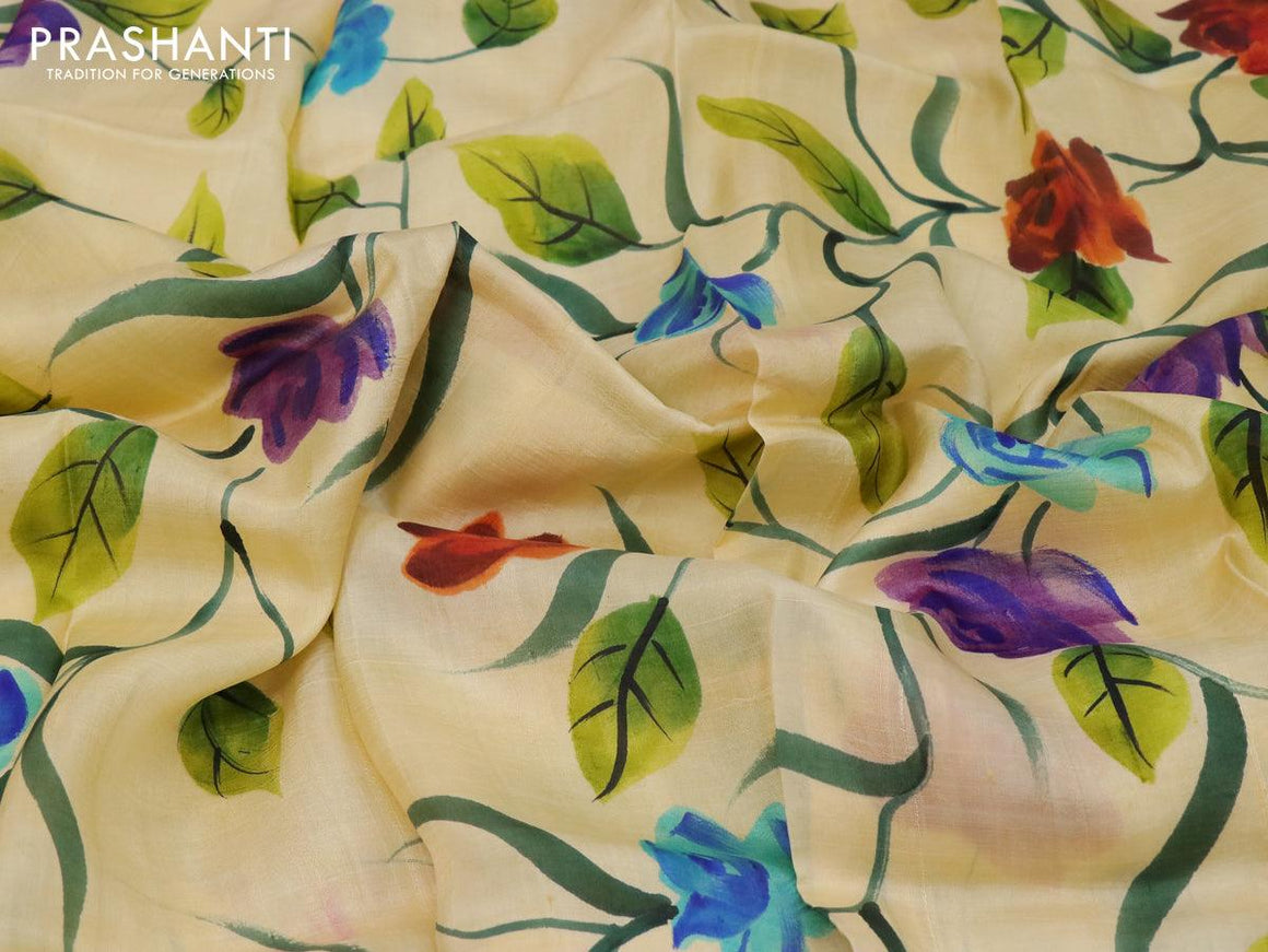 Printed silk saree sandal and purple with hand painted floral prints and simple border - {{ collection.title }} by Prashanti Sarees