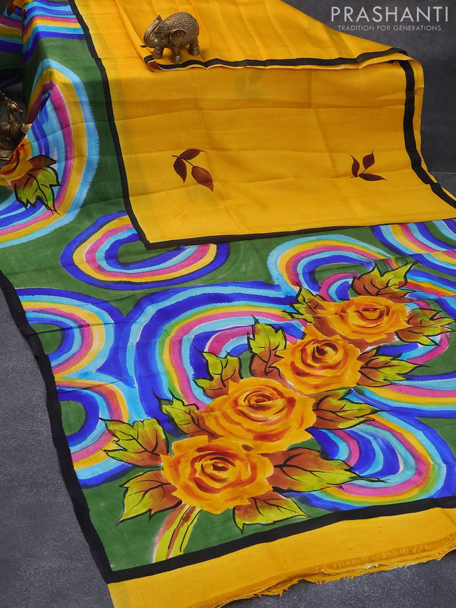 Printed silk saree yellow and multi colour with hand painted floral prints and simple border - {{ collection.title }} by Prashanti Sarees