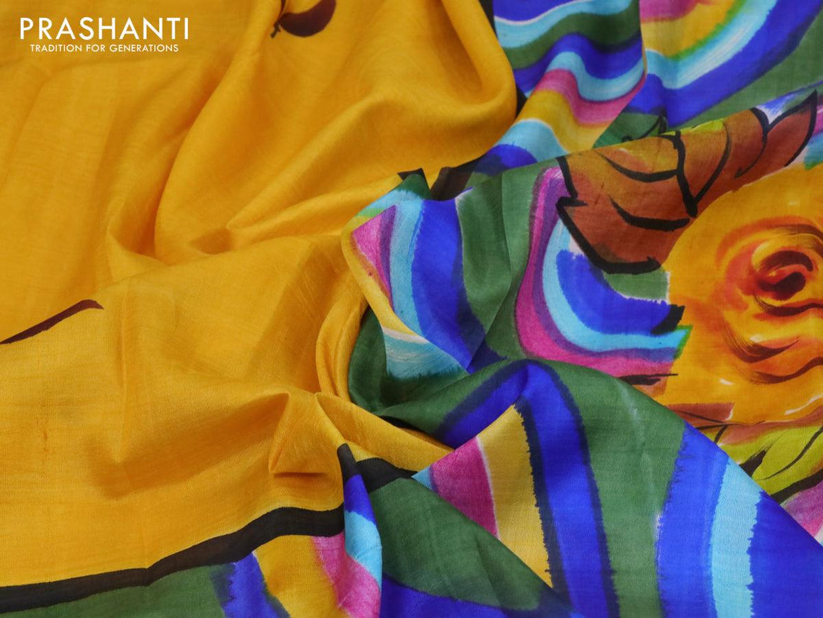 Printed silk saree yellow and multi colour with hand painted floral prints and simple border - {{ collection.title }} by Prashanti Sarees