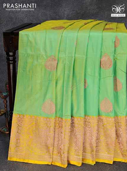 Pure banarasi katan silk saree green shade and yellow with zari woven buttas and floral zari woven border - {{ collection.title }} by Prashanti Sarees