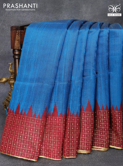 Pure dupion silk saree cs blue and maroon with plain body and temple design zari checked border - {{ collection.title }} by Prashanti Sarees