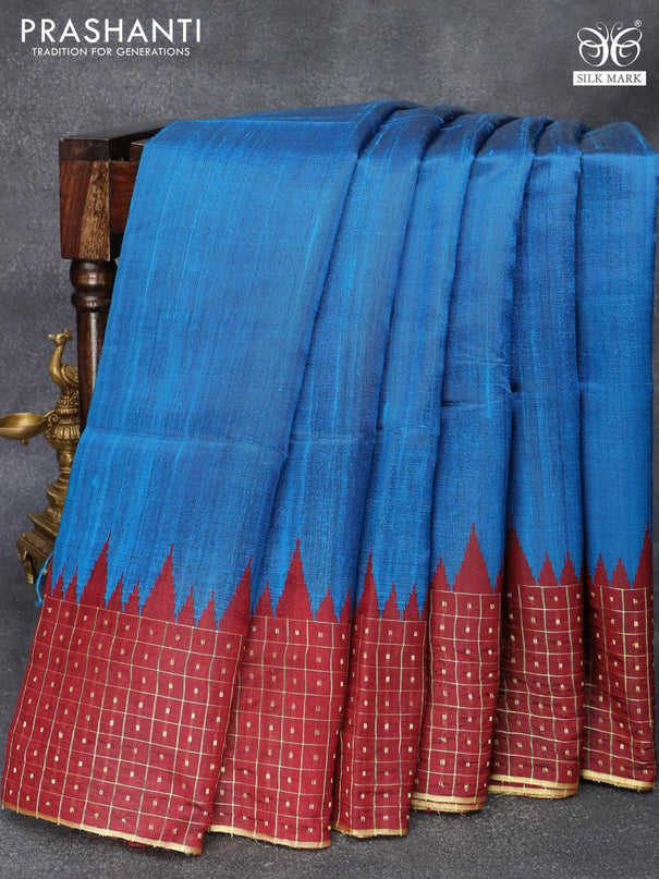 Pure dupion silk saree cs blue and maroon with plain body and temple design zari checked border - {{ collection.title }} by Prashanti Sarees