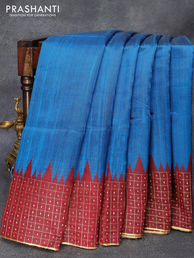 Pure dupion silk saree cs blue and maroon with plain body and temple design zari checked border - {{ collection.title }} by Prashanti Sarees
