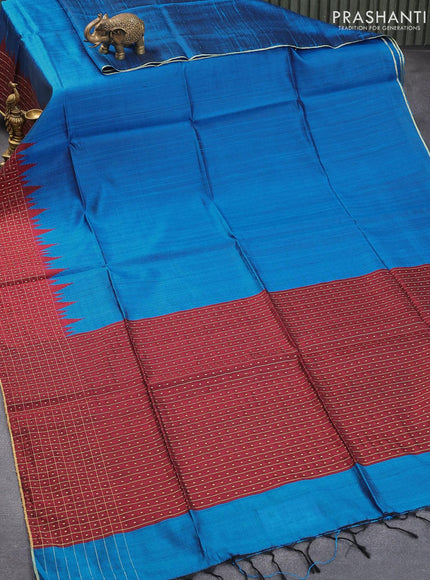 Pure dupion silk saree cs blue and maroon with plain body and temple design zari checked border - {{ collection.title }} by Prashanti Sarees