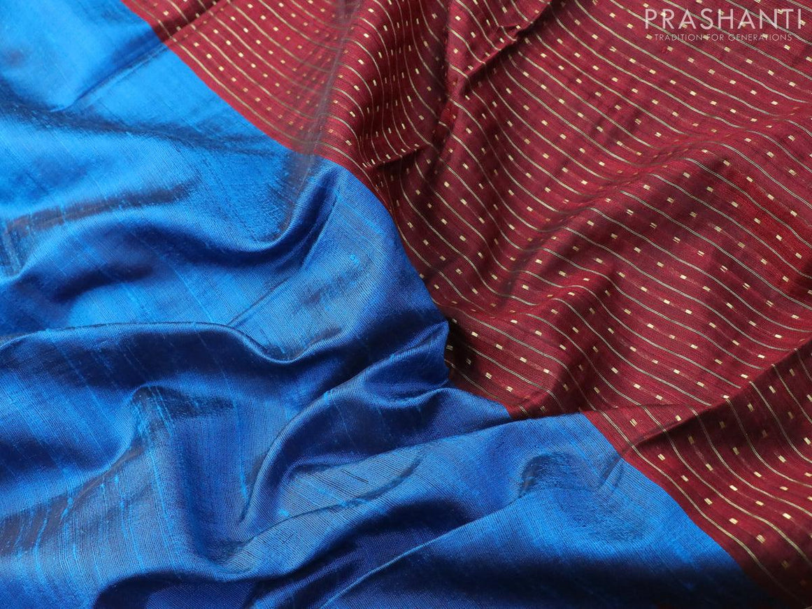 Pure dupion silk saree cs blue and maroon with plain body and temple design zari checked border - {{ collection.title }} by Prashanti Sarees