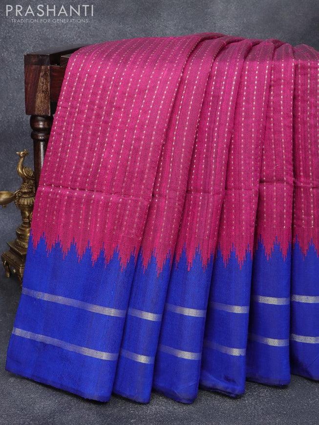 Pure dupion silk saree magenta pink and royal blue with allover zari weaves and temple design rettapet zari woven border - {{ collection.title }} by Prashanti Sarees