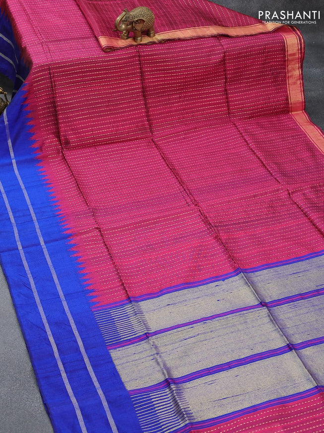 Pure dupion silk saree magenta pink and royal blue with allover zari weaves and temple design rettapet zari woven border - {{ collection.title }} by Prashanti Sarees