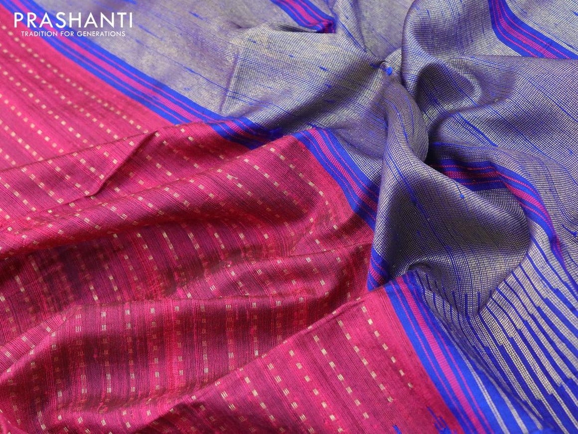 Pure dupion silk saree magenta pink and royal blue with allover zari weaves and temple design rettapet zari woven border - {{ collection.title }} by Prashanti Sarees