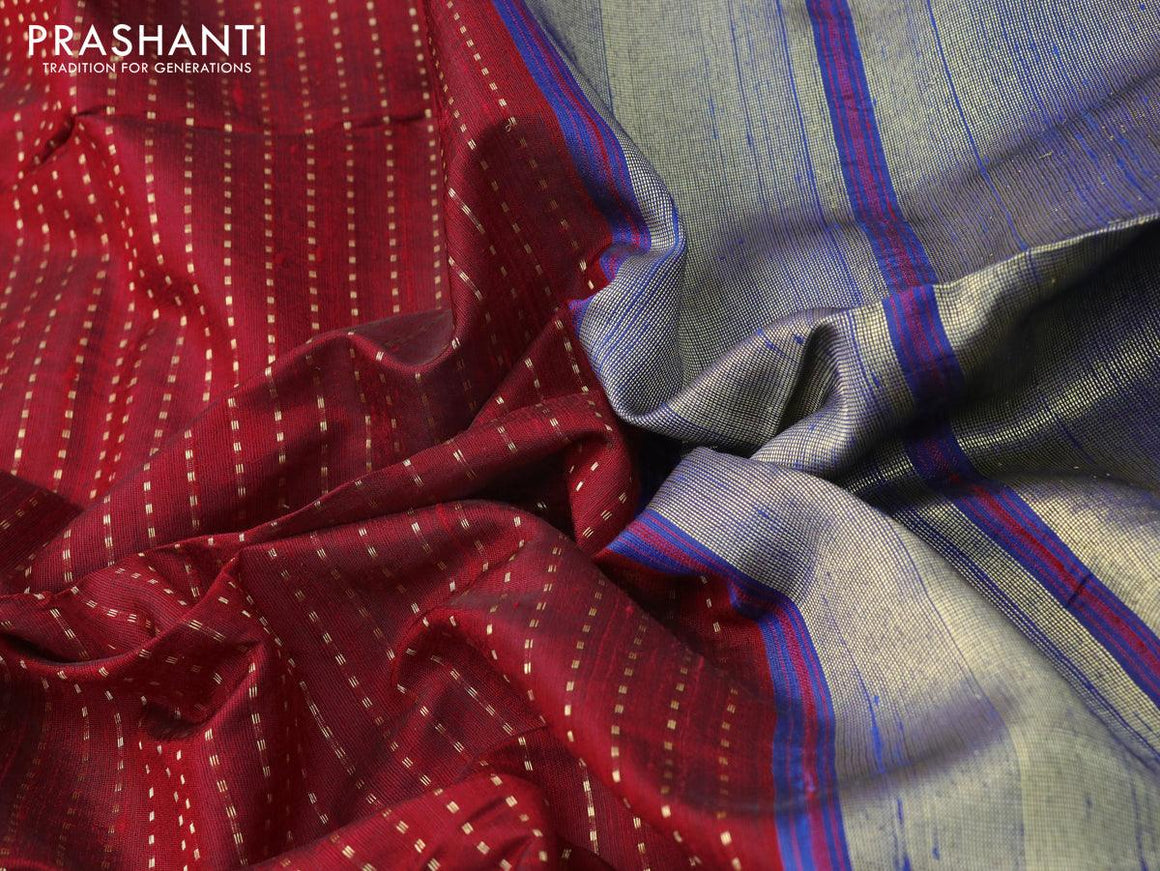 Pure dupion silk saree maroon and blue with allover zari weaves and temple design rettapet zari woven border - {{ collection.title }} by Prashanti Sarees