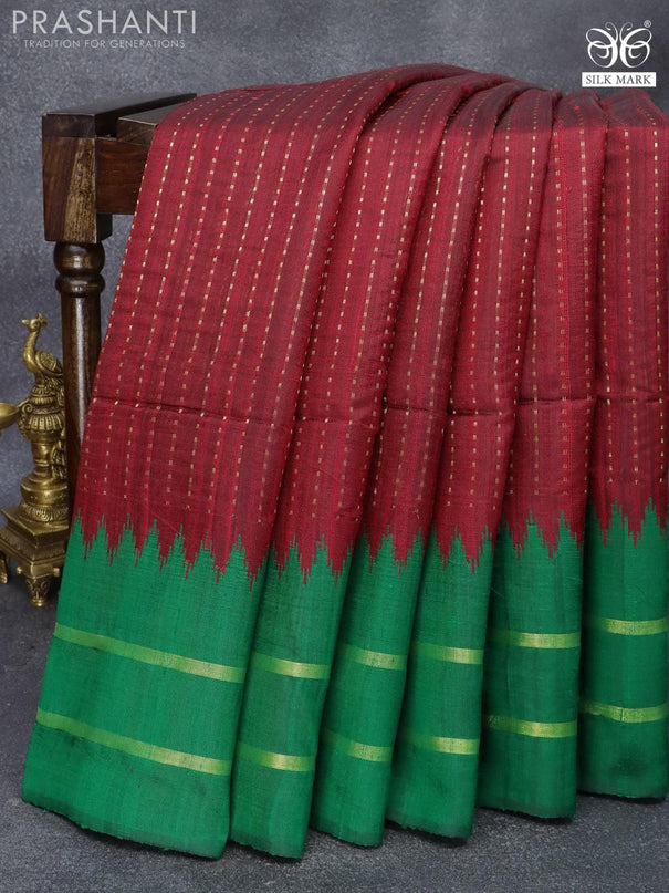 Pure dupion silk saree maroon and green with allover zari weaves and temple design rettapet zari woven border - {{ collection.title }} by Prashanti Sarees