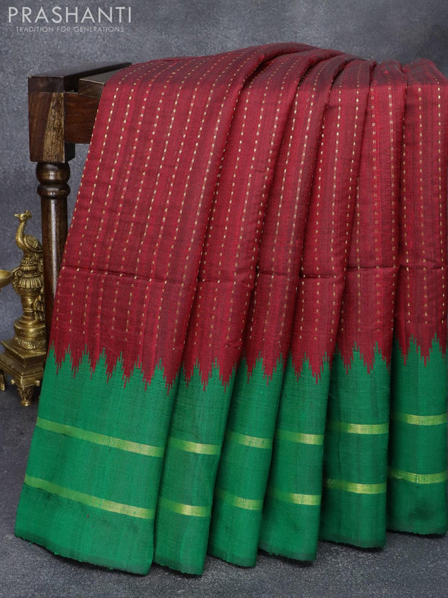 Pure dupion silk saree maroon and green with allover zari weaves and temple design rettapet zari woven border - {{ collection.title }} by Prashanti Sarees