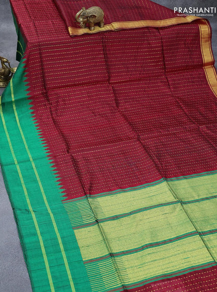 Pure dupion silk saree maroon and green with allover zari weaves and temple design rettapet zari woven border - {{ collection.title }} by Prashanti Sarees