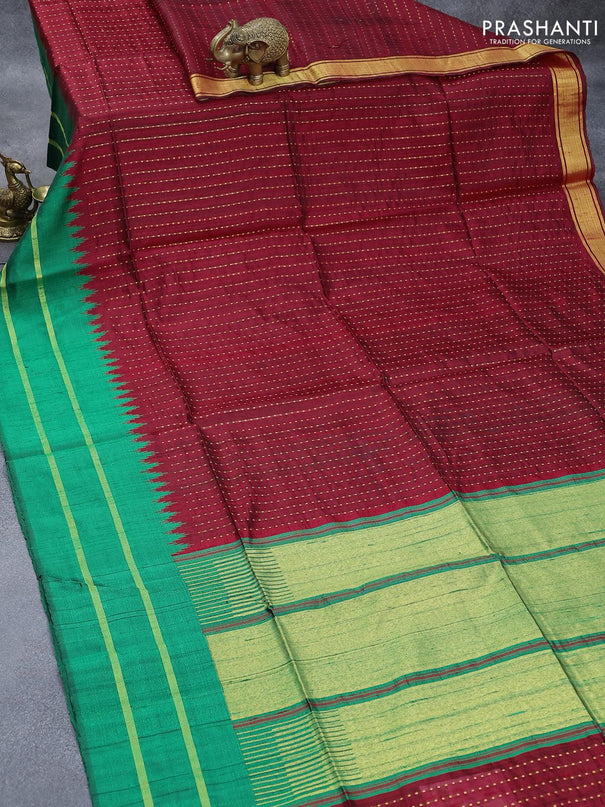 Pure dupion silk saree maroon and green with allover zari weaves and temple design rettapet zari woven border - {{ collection.title }} by Prashanti Sarees