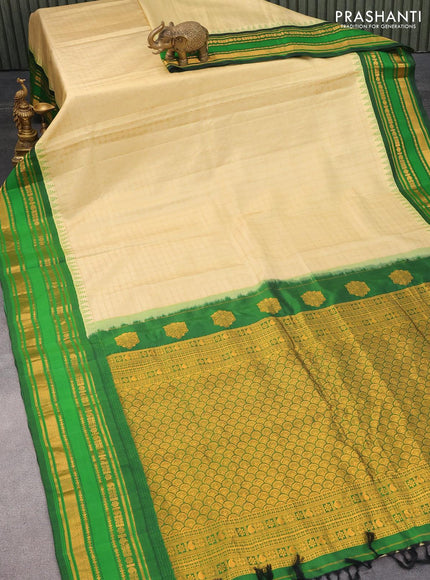 Pure gadwal silk saree beige and bottle green with allover zari checked pattern and temple design zari woven border - {{ collection.title }} by Prashanti Sarees