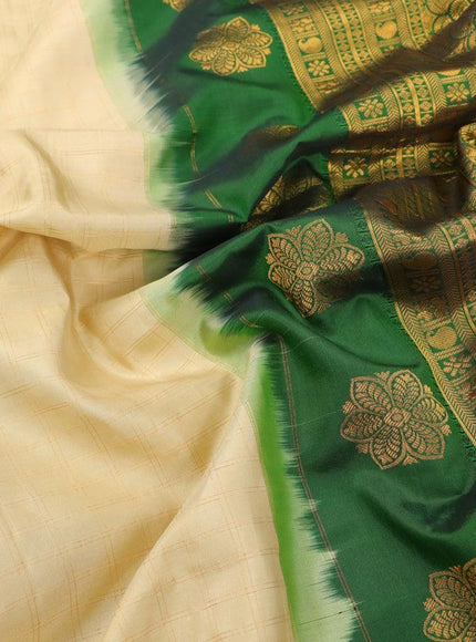 Pure gadwal silk saree beige and bottle green with allover zari checked pattern and temple design zari woven border - {{ collection.title }} by Prashanti Sarees