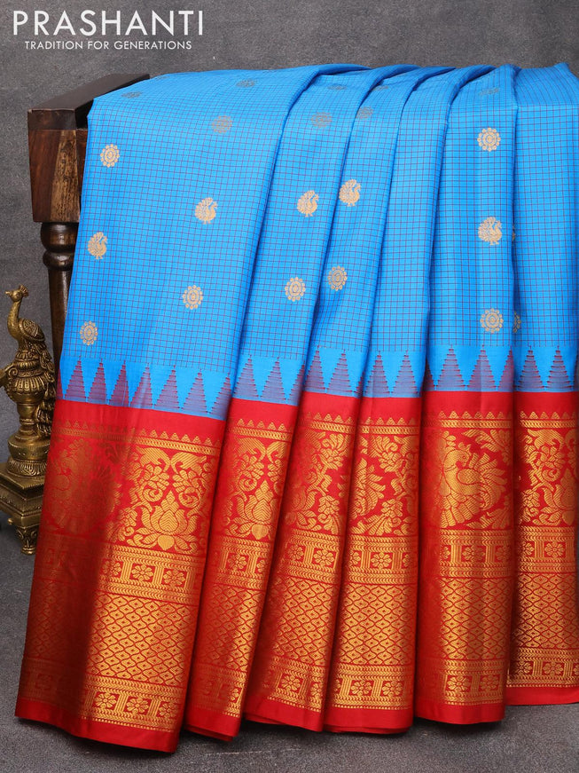 Pure gadwal silk saree cs blue and red with allover checked pattern & zari buttas and temple design long zari woven border - {{ collection.title }} by Prashanti Sarees