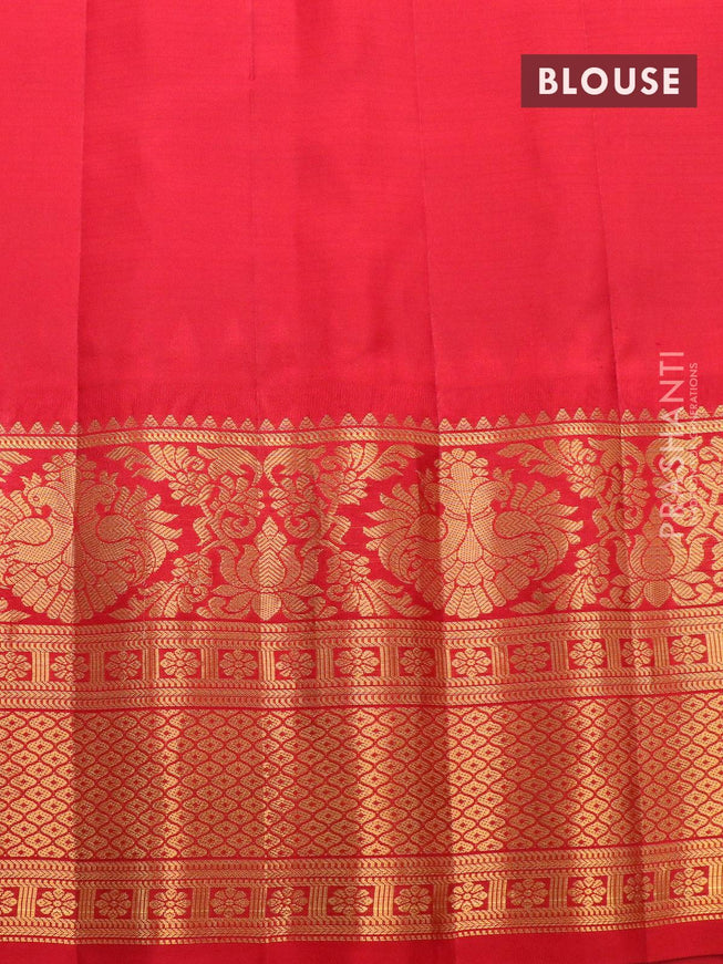 Pure gadwal silk saree cs blue and red with allover checked pattern & zari buttas and temple design long zari woven border - {{ collection.title }} by Prashanti Sarees