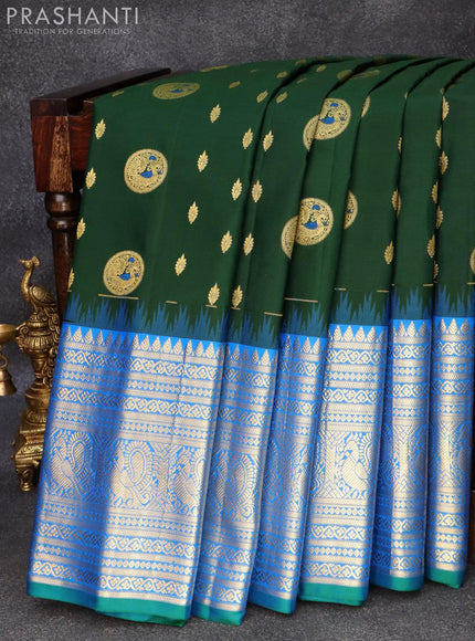 Pure gadwal silk saree dark green and cs blue with zari woven buttas and long rich annam zari woven border and Butta style - {{ collection.title }} by Prashanti Sarees