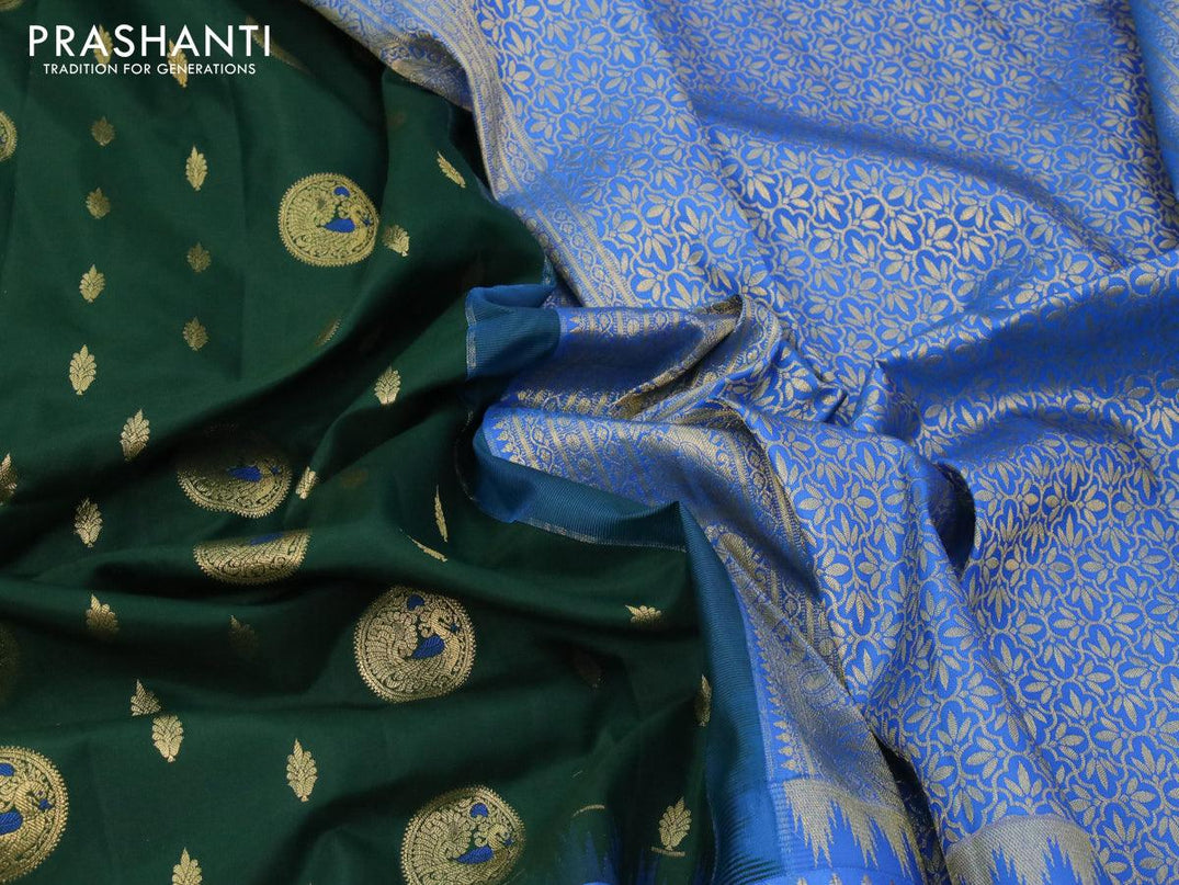 Pure gadwal silk saree dark green and cs blue with zari woven buttas and long rich annam zari woven border and Butta style - {{ collection.title }} by Prashanti Sarees