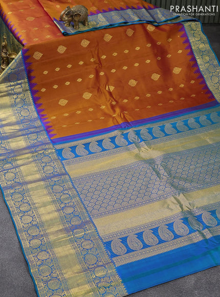 Pure gadwal silk saree dark mustard and dual shade of bluish green with allover zari woven buttas and temple design long floral zari woven border - {{ collection.title }} by Prashanti Sarees