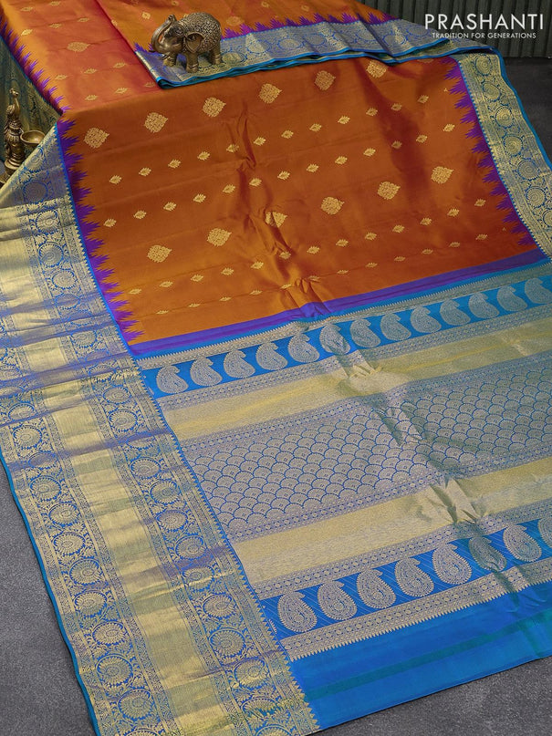 Pure gadwal silk saree dark mustard and dual shade of bluish green with allover zari woven buttas and temple design long floral zari woven border - {{ collection.title }} by Prashanti Sarees