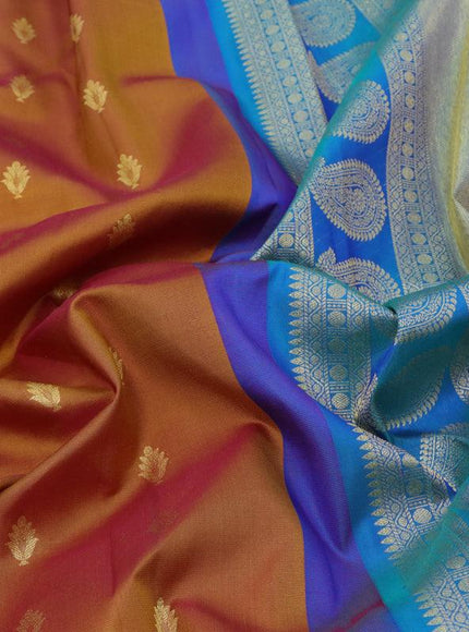 Pure gadwal silk saree dark mustard and dual shade of bluish green with allover zari woven buttas and temple design long floral zari woven border - {{ collection.title }} by Prashanti Sarees