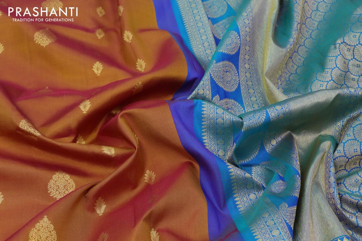 Pure gadwal silk saree dark mustard and dual shade of bluish green with allover zari woven buttas and temple design long floral zari woven border - {{ collection.title }} by Prashanti Sarees