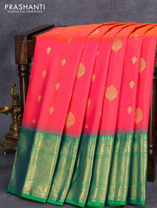 Pure gadwal silk saree dual shade of pink and green with allover zari woven buttas and annam zari woven border - {{ collection.title }} by Prashanti Sarees