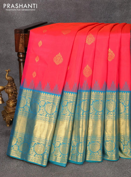 Pure gadwal silk saree dual shade of pinkish orange and teal blue with allover zari woven buttas and temple design long zari woven border - {{ collection.title }} by Prashanti Sarees