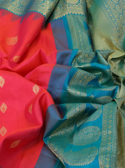 Pure gadwal silk saree dual shade of pinkish orange and teal blue with allover zari woven buttas and temple design long zari woven border - {{ collection.title }} by Prashanti Sarees