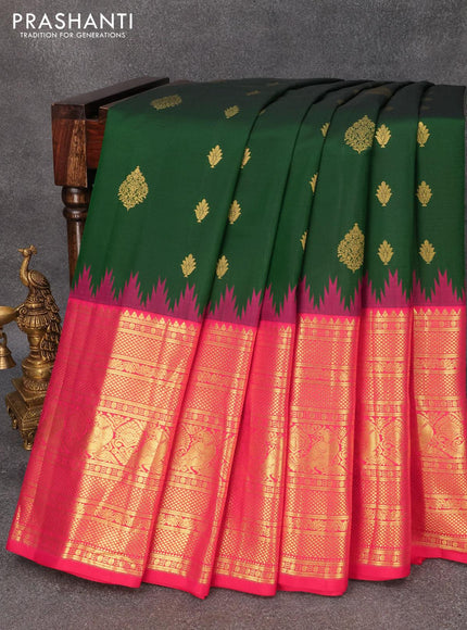 Pure gadwal silk saree green and pink with zari woven buttas and temple design long zari woven annam border - {{ collection.title }} by Prashanti Sarees