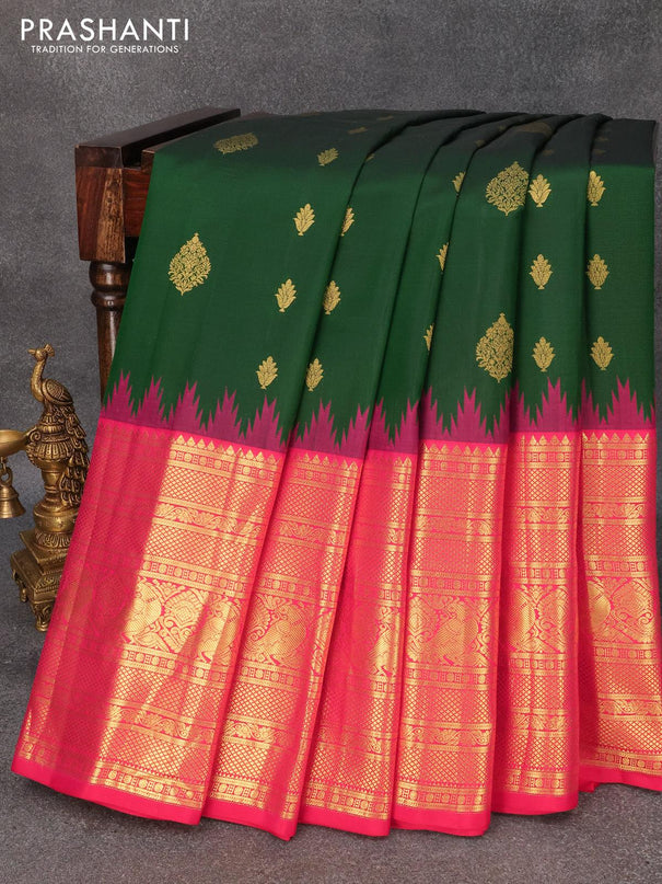 Pure gadwal silk saree green and pink with zari woven buttas and temple design long zari woven annam border - {{ collection.title }} by Prashanti Sarees