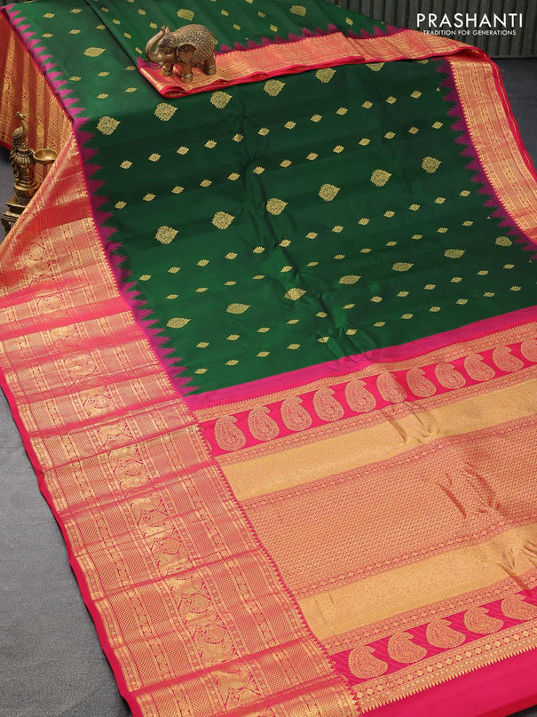 Pure gadwal silk saree green and pink with zari woven buttas and temple design long zari woven annam border - {{ collection.title }} by Prashanti Sarees