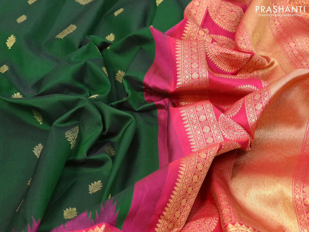 Pure gadwal silk saree green and pink with zari woven buttas and temple design long zari woven annam border - {{ collection.title }} by Prashanti Sarees