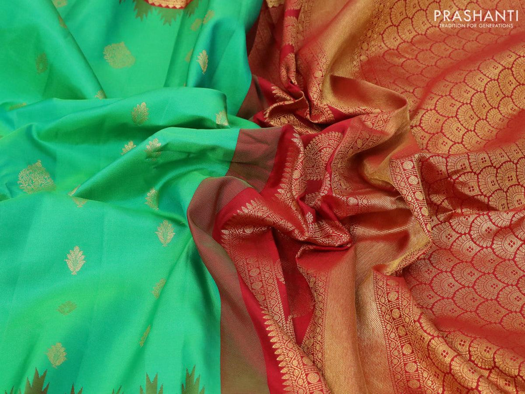 Pure gadwal silk saree green and red with allover zari woven buttas and temple design long zari woven floral border - {{ collection.title }} by Prashanti Sarees