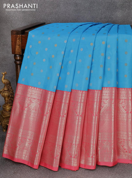 Pure gadwal silk saree light blue and light pink with allover silver & gold zari woven buttas and long silver zari woven border - {{ collection.title }} by Prashanti Sarees