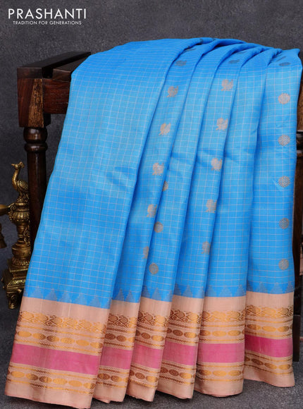 Pure gadwal silk saree light blue and sandal with allover checked & buttas and zari woven border - {{ collection.title }} by Prashanti Sarees