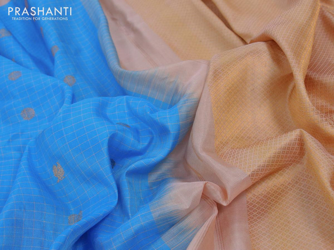 Pure gadwal silk saree light blue and sandal with allover checked & buttas and zari woven border - {{ collection.title }} by Prashanti Sarees