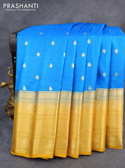 Pure gadwal silk saree light blue and yellow with zari woven buttas and long zari woven border - {{ collection.title }} by Prashanti Sarees