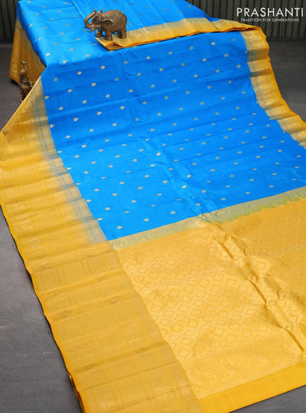 Pure gadwal silk saree light blue and yellow with zari woven buttas and long zari woven border - {{ collection.title }} by Prashanti Sarees