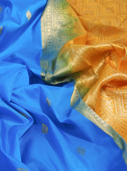 Pure gadwal silk saree light blue and yellow with zari woven buttas and long zari woven border - {{ collection.title }} by Prashanti Sarees