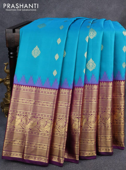 Pure gadwal silk saree light bluer and deep purple with zari woven buttas and temple design long annam zari woven border - {{ collection.title }} by Prashanti Sarees