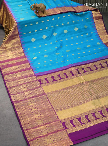 Pure gadwal silk saree light bluer and deep purple with zari woven buttas and temple design long annam zari woven border - {{ collection.title }} by Prashanti Sarees