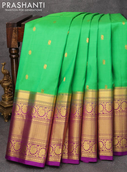 Pure gadwal silk saree light green and deep purple with zari woven buttas and long zari woven floral design zari border - {{ collection.title }} by Prashanti Sarees