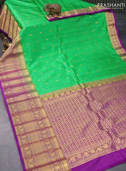 Pure gadwal silk saree light green and deep purple with zari woven buttas and long zari woven floral design zari border - {{ collection.title }} by Prashanti Sarees