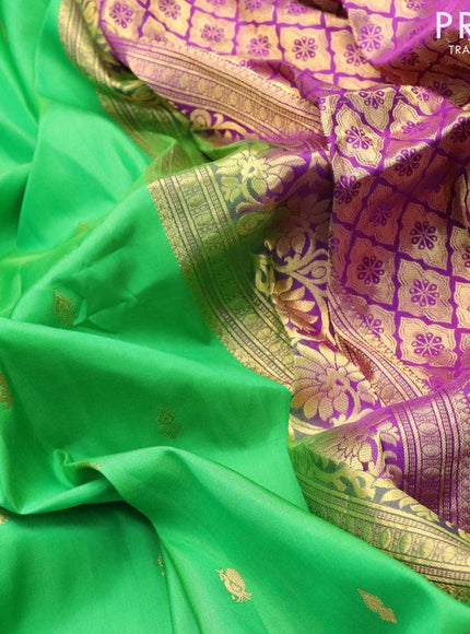 Pure gadwal silk saree light green and deep purple with zari woven buttas and long zari woven floral design zari border - {{ collection.title }} by Prashanti Sarees