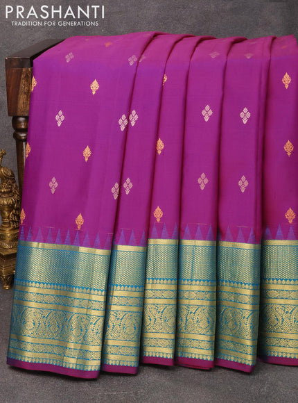 Pure gadwal silk saree magenta pink and cs blue with silver & gold zari woven buttas and temple design long zari woven border - {{ collection.title }} by Prashanti Sarees