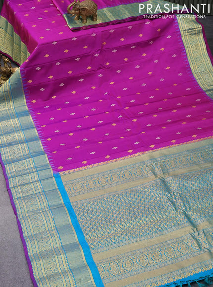 Pure gadwal silk saree magenta pink and cs blue with silver & gold zari woven buttas and temple design long zari woven border - {{ collection.title }} by Prashanti Sarees