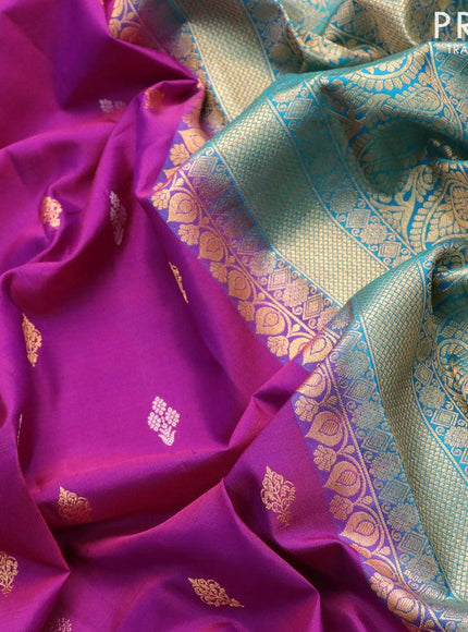 Pure gadwal silk saree magenta pink and cs blue with silver & gold zari woven buttas and temple design long zari woven border - {{ collection.title }} by Prashanti Sarees